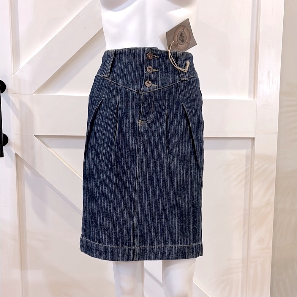 RARE Angel Denim High Waist Rustic Western Pinstripe Pleated Pencil Jean Skirt